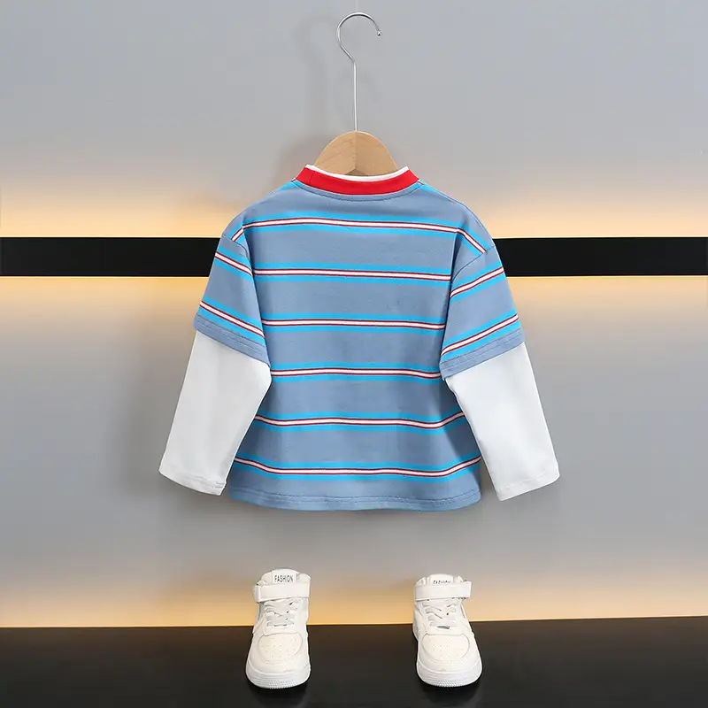 Boys Cotton Two Piece Striped T-Shirt Blue White