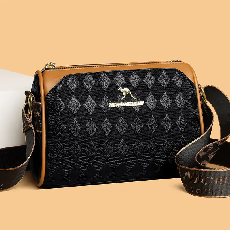 Women's Black Diamond Print Shoulder Bag with Crossbody Strap - Image 3