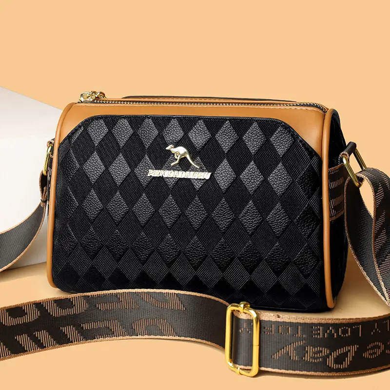 Women's Black Diamond Print Shoulder Bag with Crossbody Strap - Image 4