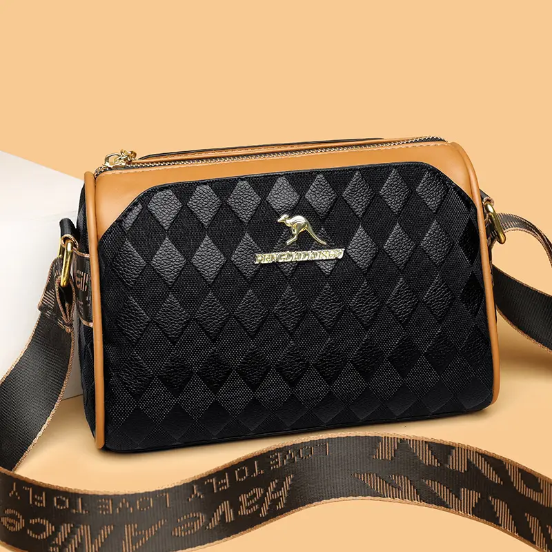 Women's Black Diamond Print Shoulder Bag with Crossbody Strap - Image 5
