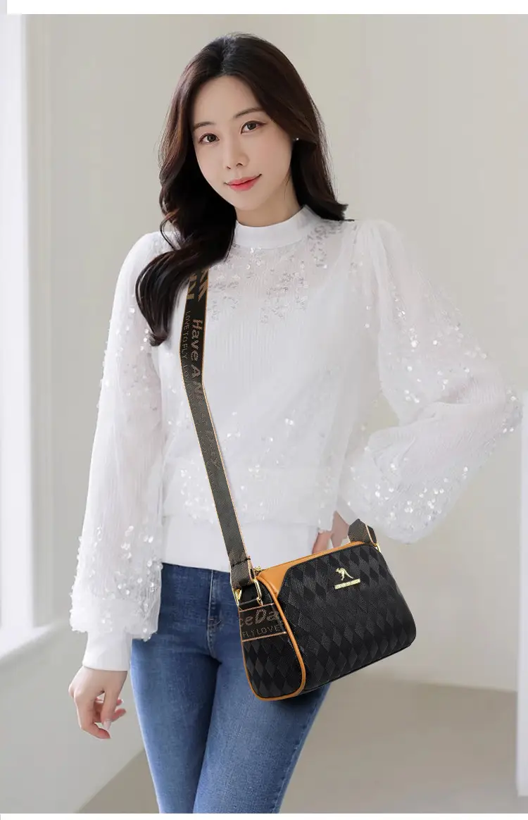 Women's Black Diamond Print Shoulder Bag with Crossbody Strap — feature 11