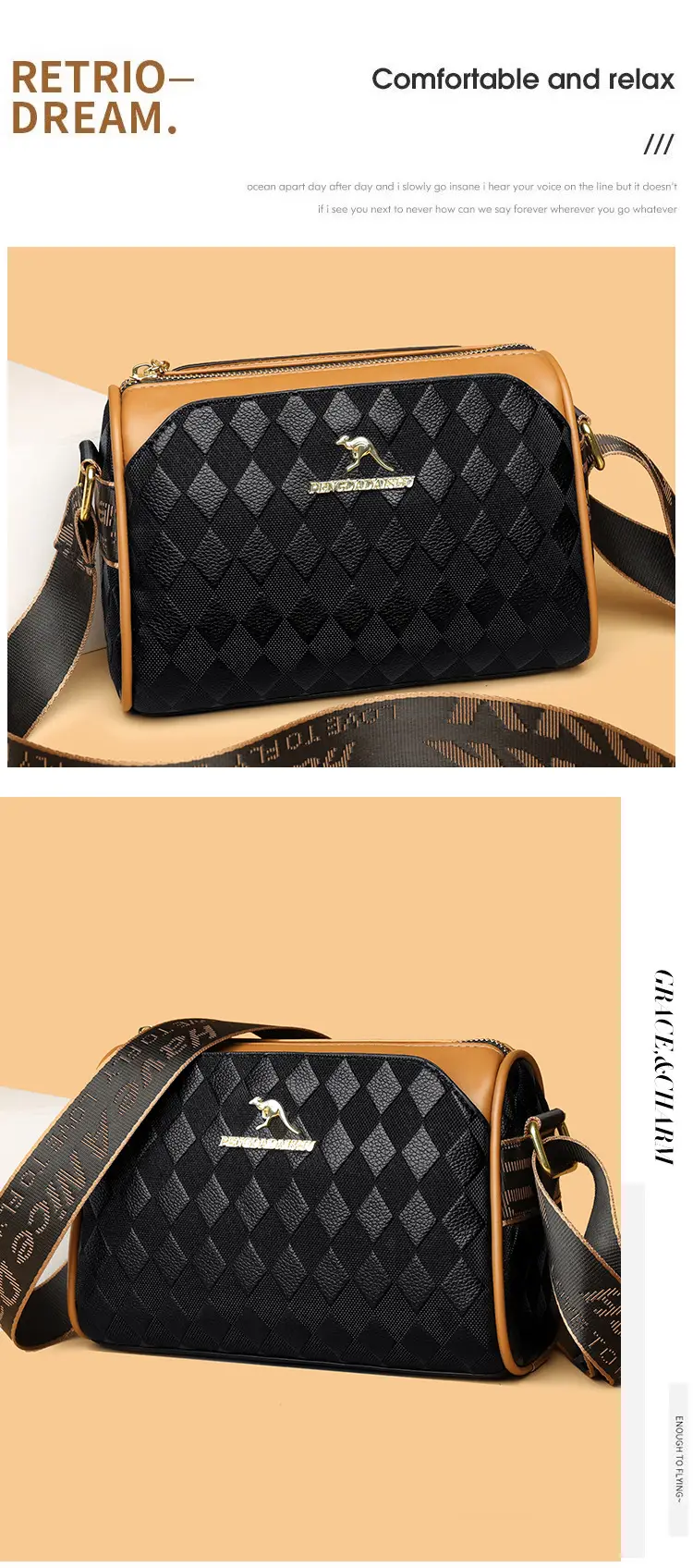 Women's Black Diamond Print Shoulder Bag with Crossbody Strap — feature 7