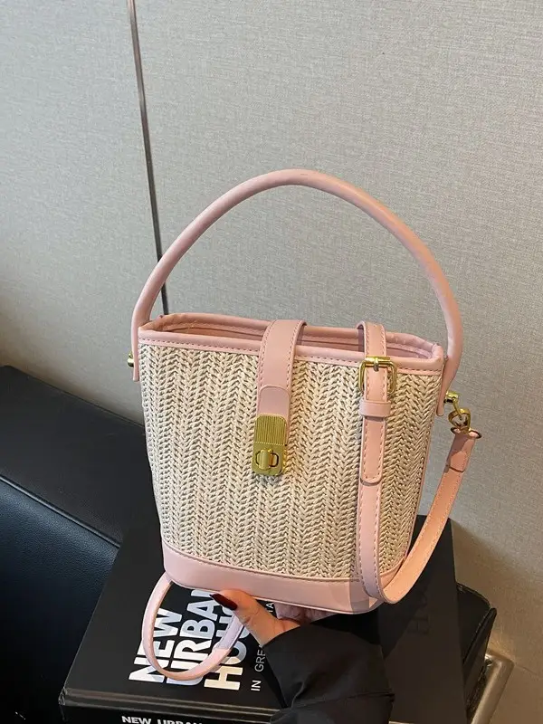 Women Woven Bucket Bag Tan Brown Crossbody Shoulder - Image 8