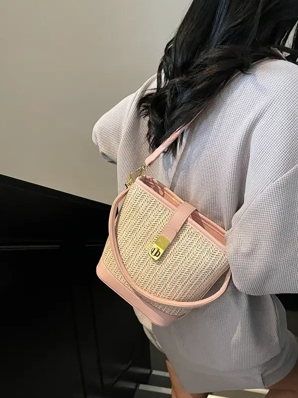 Women Woven Bucket Bag Tan Brown Crossbody Shoulder - Image 9