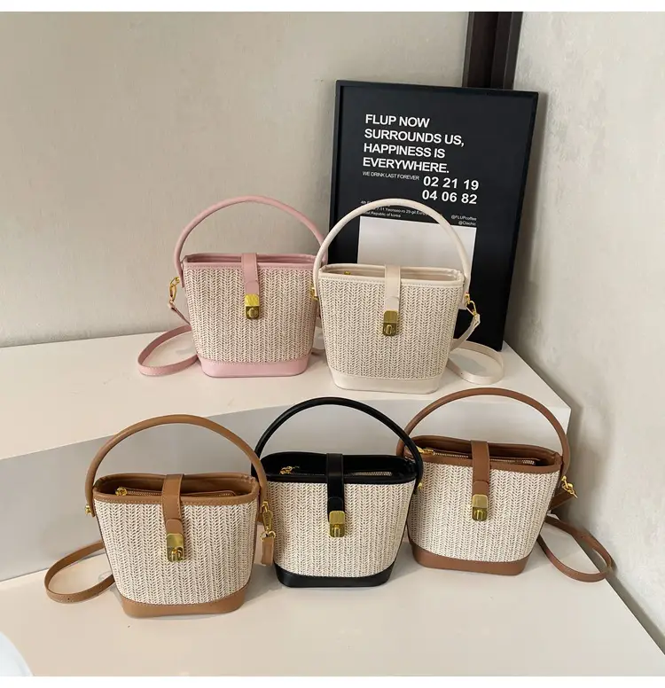 Women Woven Bucket Bag Tan Brown Crossbody Shoulder — feature 1