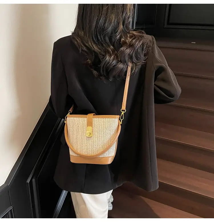 Women Woven Bucket Bag Tan Brown Crossbody Shoulder — feature 13