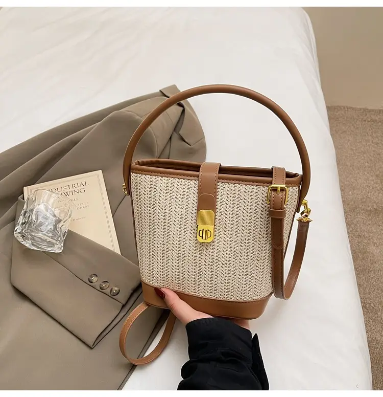 Women Woven Bucket Bag Tan Brown Crossbody Shoulder — feature 30