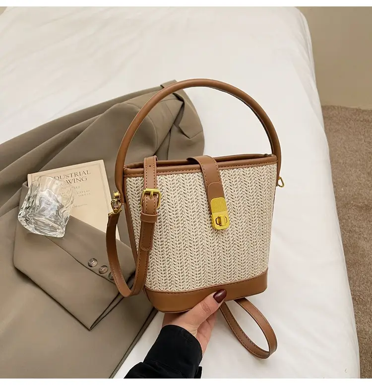 Women Woven Bucket Bag Tan Brown Crossbody Shoulder — feature 31