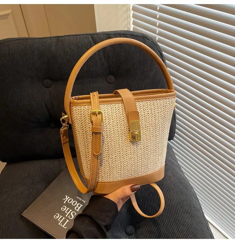 Women Woven Bucket Bag Tan Brown Crossbody Shoulder — feature 40