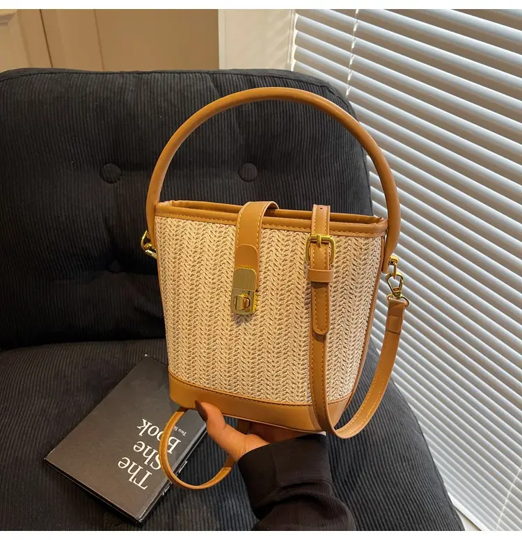 Women Woven Bucket Bag Tan Brown Crossbody Shoulder — feature 41