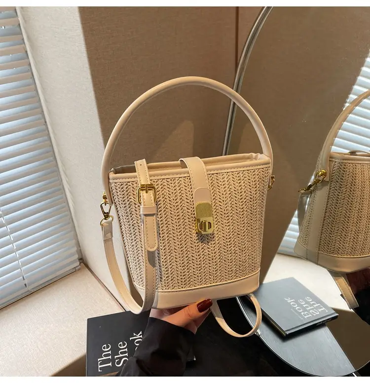Women Woven Bucket Bag Tan Brown Crossbody Shoulder — feature 47
