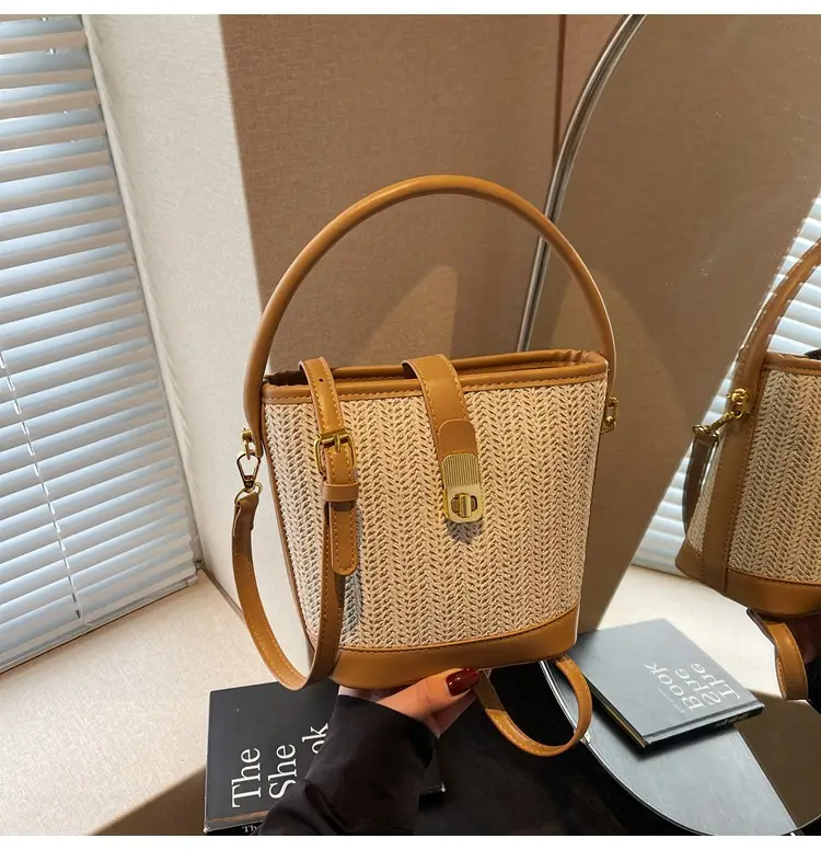 Women Woven Bucket Bag Tan Brown Crossbody Shoulder — feature 48