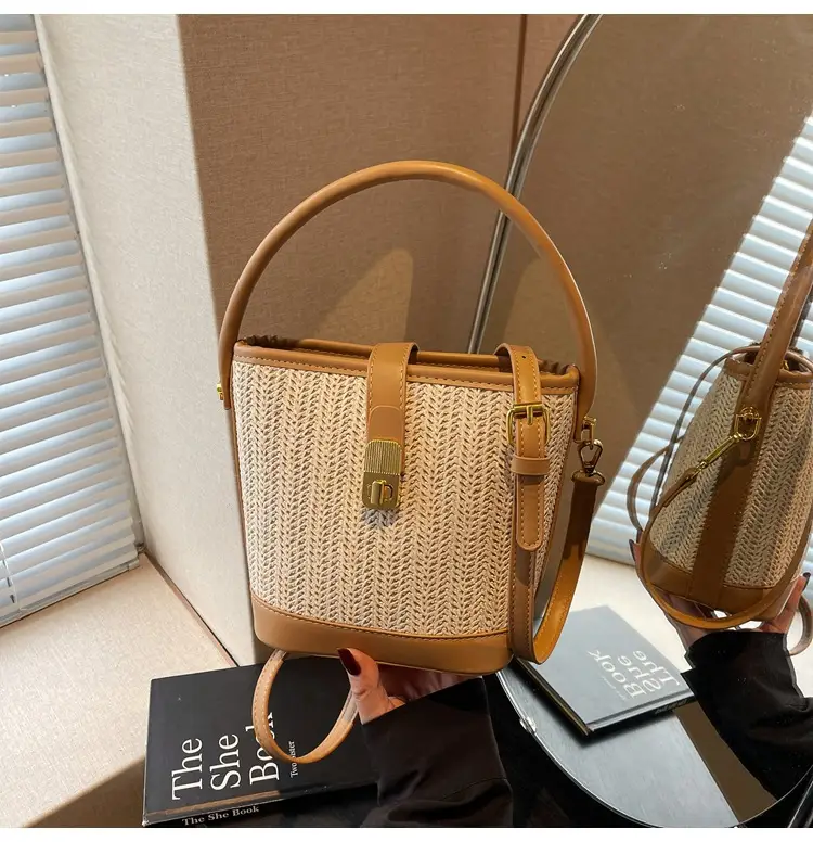 Women Woven Bucket Bag Tan Brown Crossbody Shoulder — feature 49