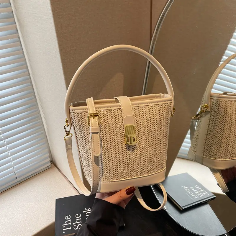 Women Woven Bucket Bag Tan Brown Crossbody Shoulder - Image 2