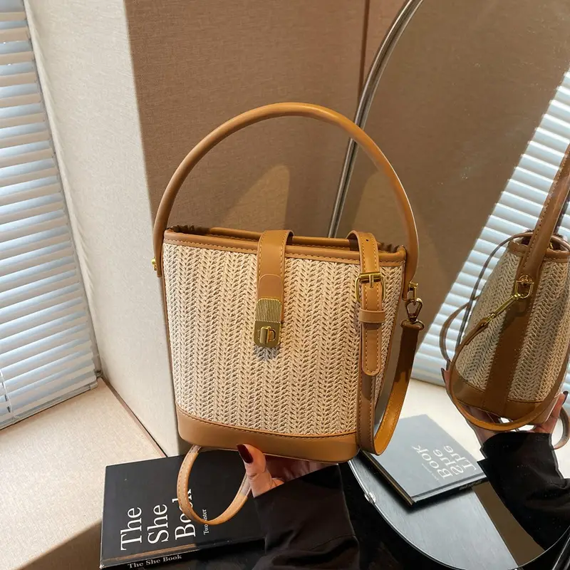 Women Woven Bucket Bag Tan Brown Crossbody Shoulder - Image 3