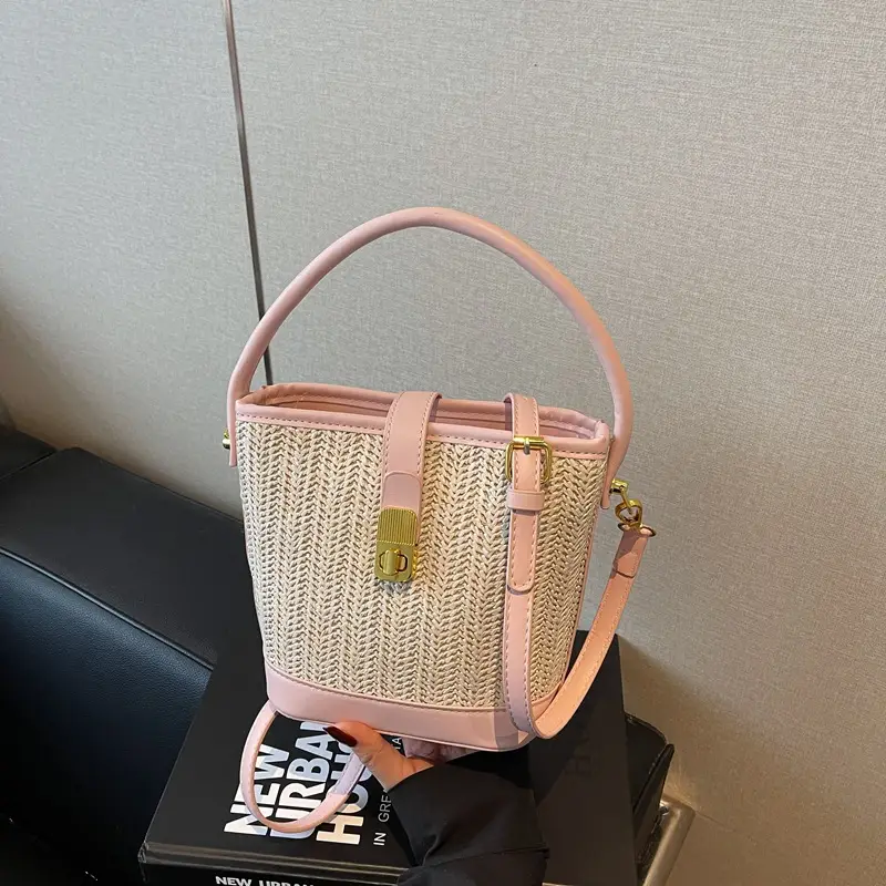 Women Woven Bucket Bag Tan Brown Crossbody Shoulder - Image 4
