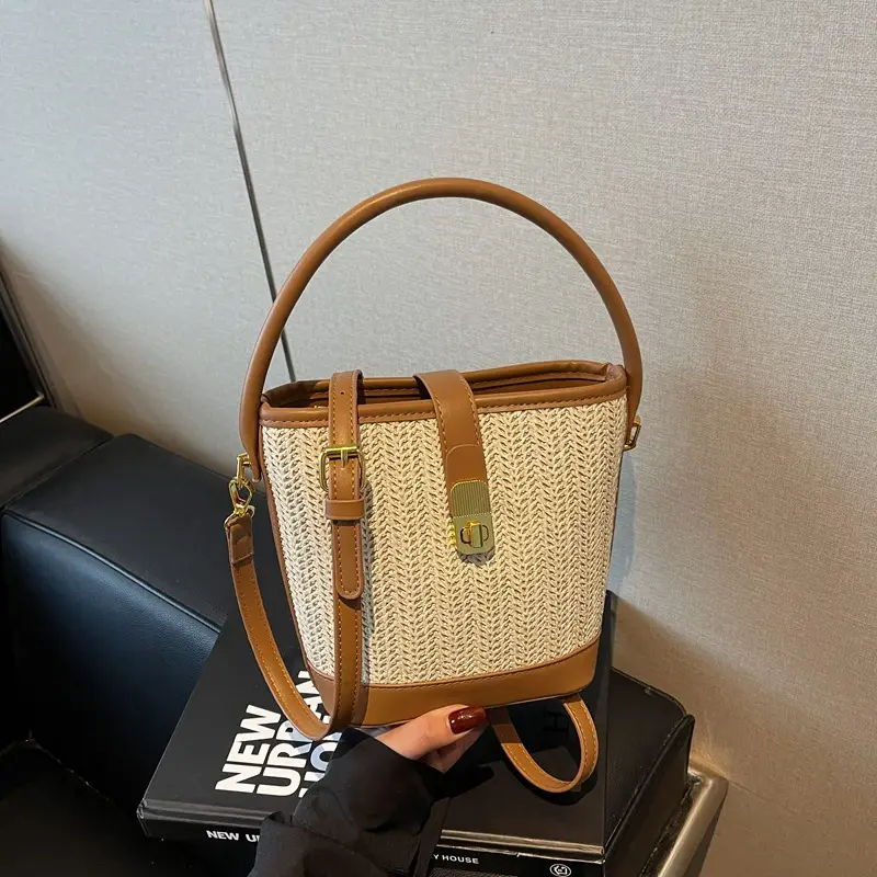 Women Woven Bucket Bag Tan Brown Crossbody Shoulder - Image 5