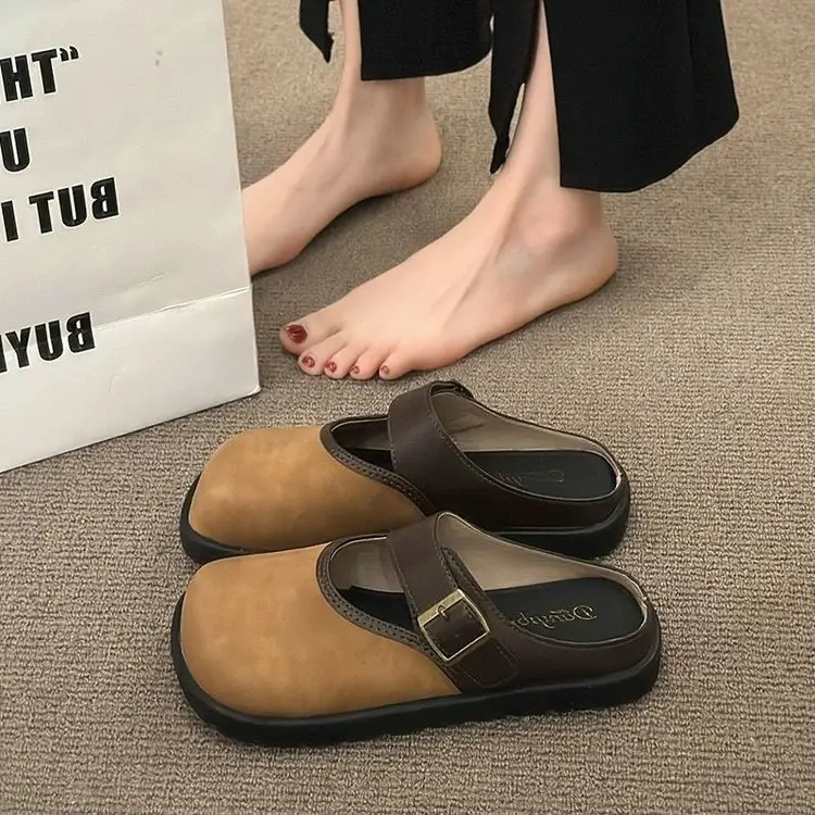 Women Brown Leather Slippers with Thick Bottom 2025 Spring - Image 4