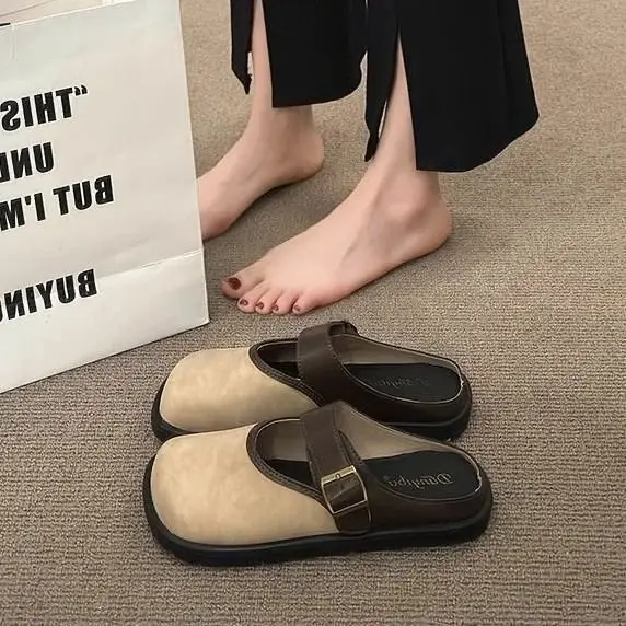 Women Brown Leather Slippers with Thick Bottom 2025 Spring - Image 2