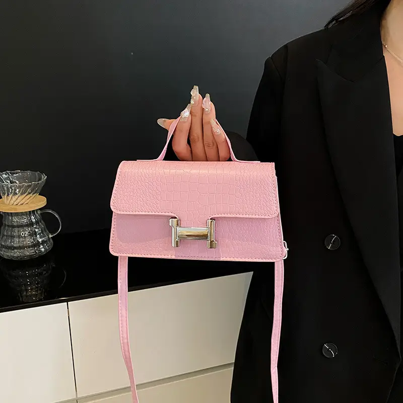 Pink Croc Leather Shoulder Bag for Women - Image 8
