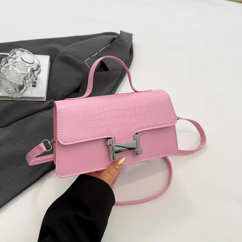 Pink Croc Leather Shoulder Bag for Women - Image 3