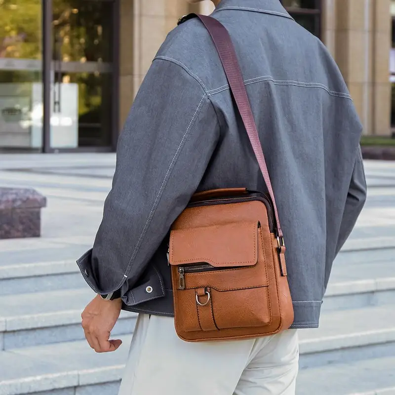Men's Black Leather Shoulder Bag with Crossbody Strap - Image 5