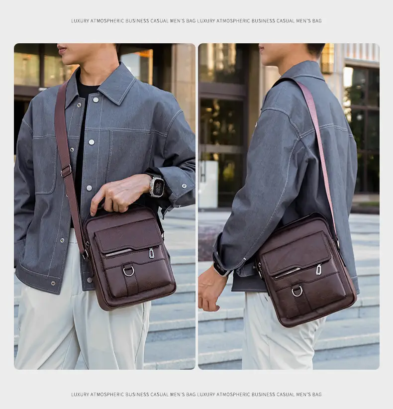 Men's Black Leather Shoulder Bag with Crossbody Strap — feature 15