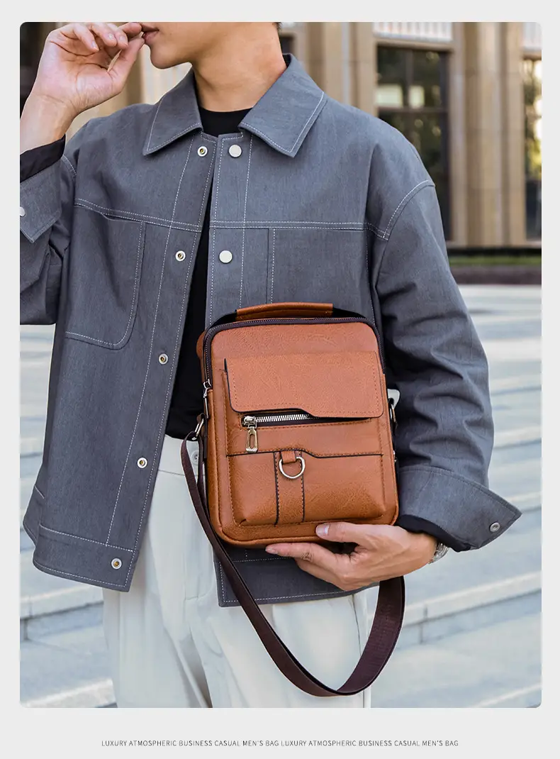 Men's Black Leather Shoulder Bag with Crossbody Strap — feature 16