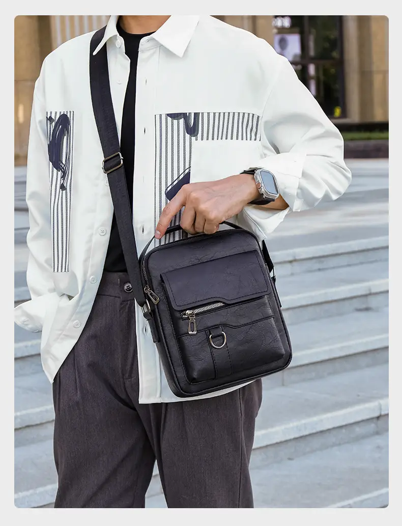 Men's Black Leather Shoulder Bag with Crossbody Strap — feature 17