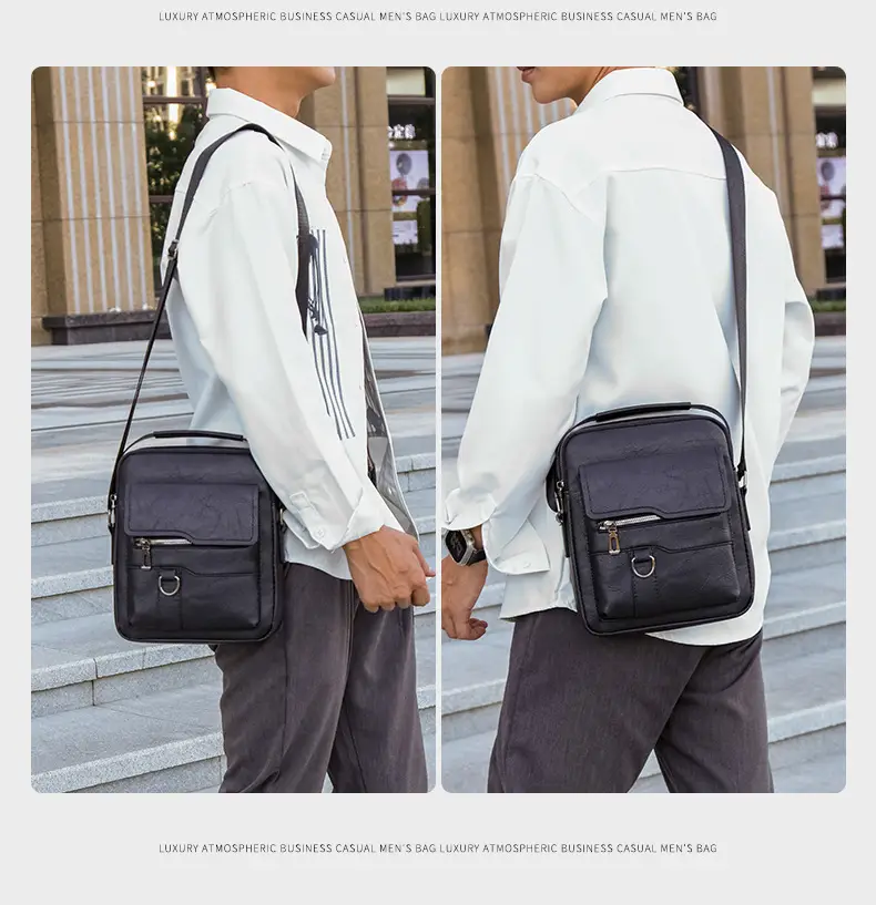 Men's Black Leather Shoulder Bag with Crossbody Strap — feature 18