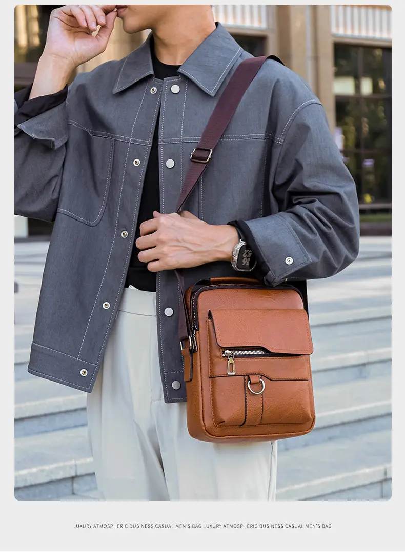 Men's Black Leather Shoulder Bag with Crossbody Strap — feature 19