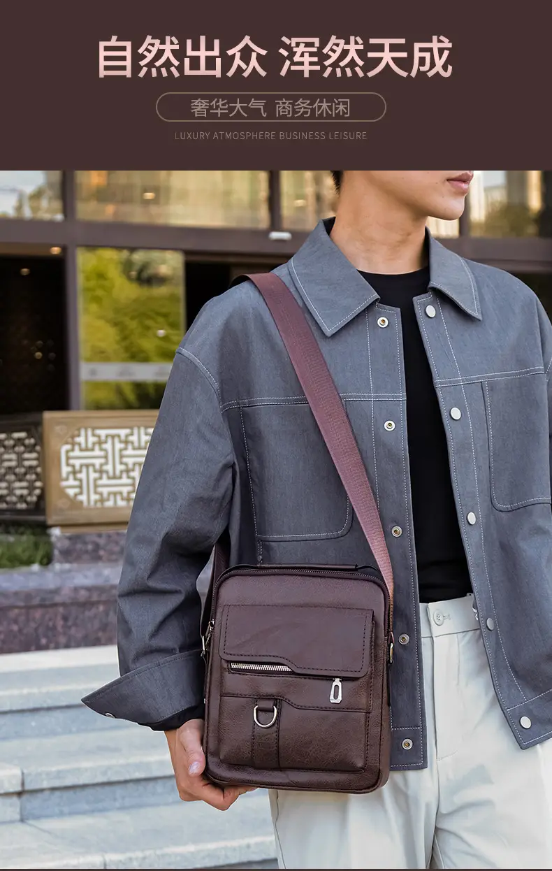 Men's Black Leather Shoulder Bag with Crossbody Strap — feature 2