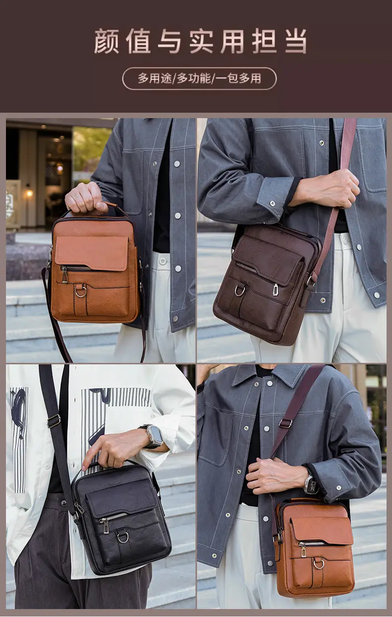 Men's Black Leather Shoulder Bag with Crossbody Strap — feature 3