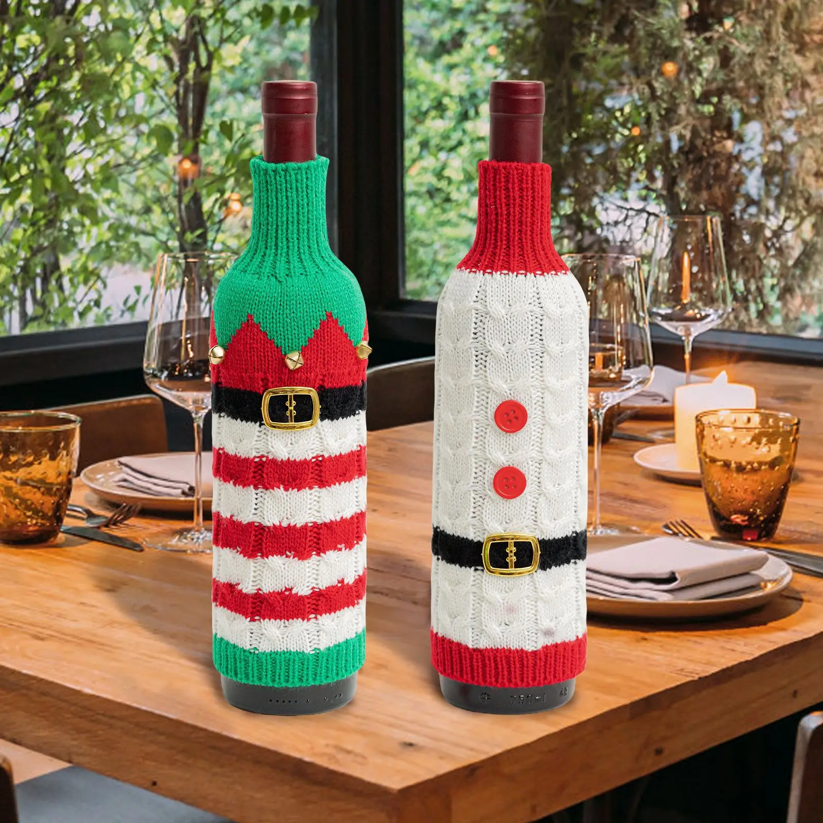 Cross-Country Knitted Christmas Wine Bottle Covers Red White Belt Belt Decor