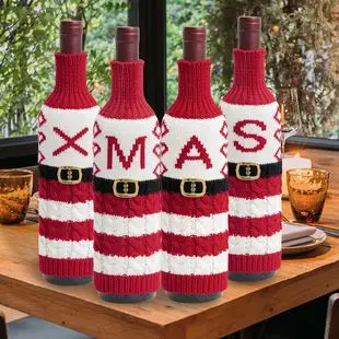 Cross-Country Knitted Christmas Wine Bottle Covers Red White Belt Belt Decor — feature 28