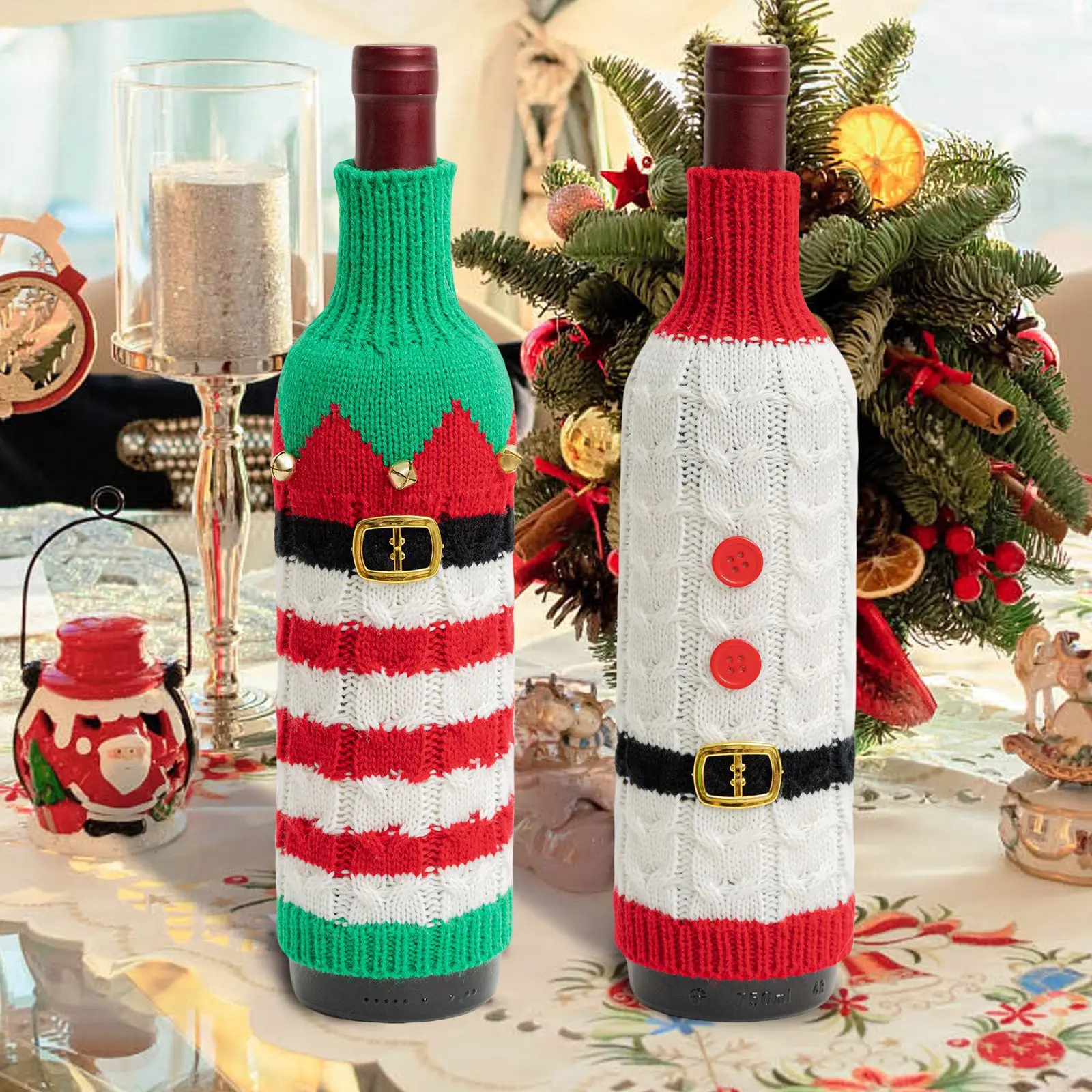 Cross-Country Knitted Christmas Wine Bottle Covers Red White Belt Belt Decor — feature 7
