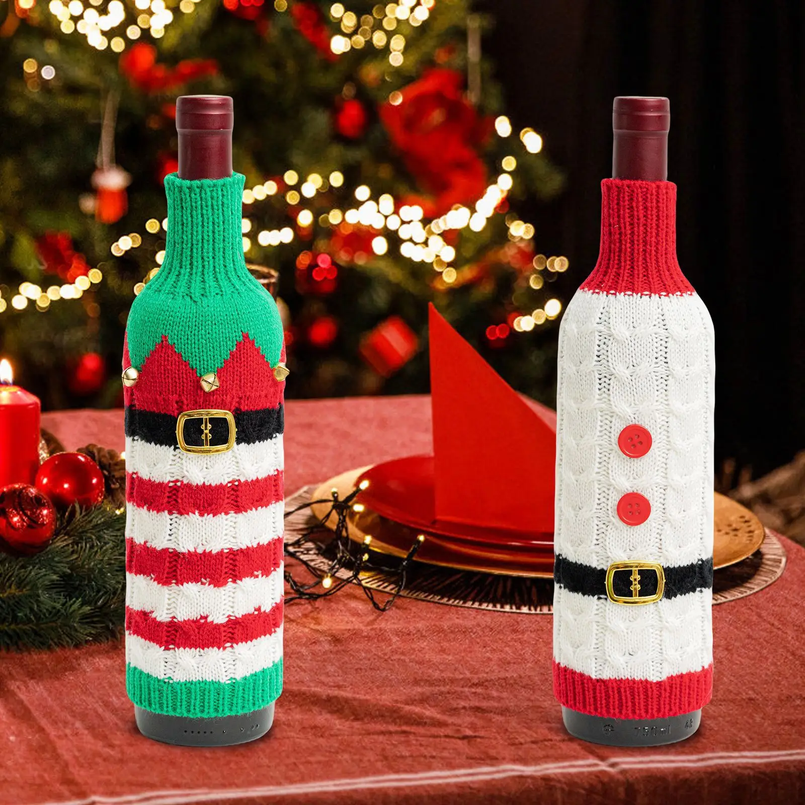 Cross-Country Knitted Christmas Wine Bottle Covers Red White Belt Belt Decor — feature 8