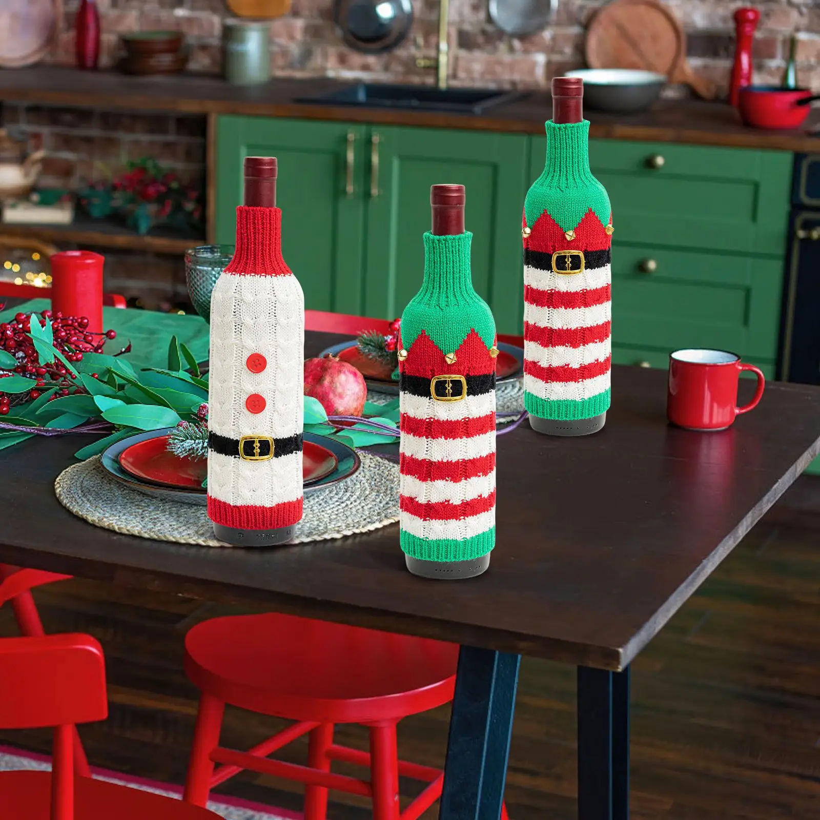 Cross-Country Knitted Christmas Wine Bottle Covers Red White Belt Belt Decor — feature 9