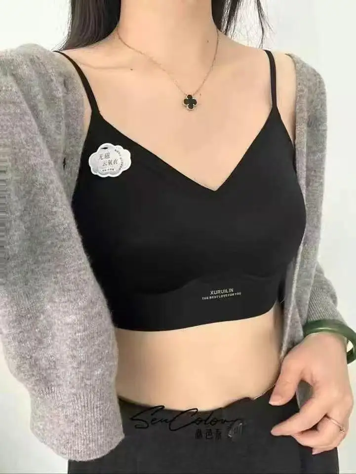 Black Fine Strap Sports Vest with Delicate Bra — feature 1