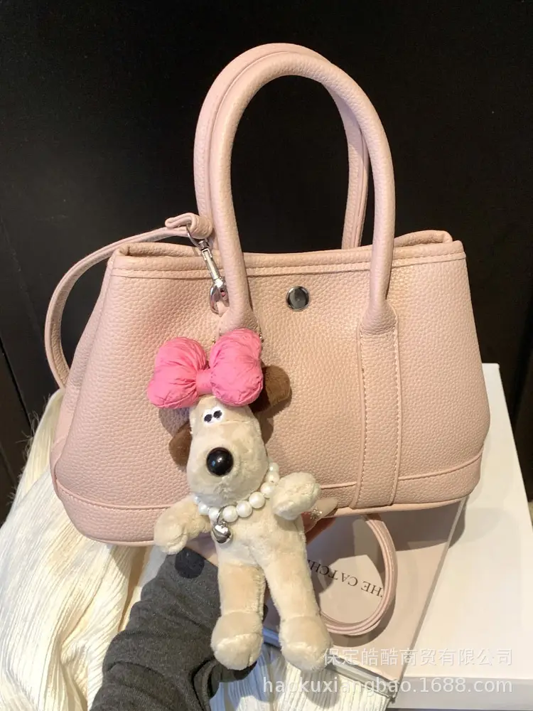 Women Cream Leather Large Tote Bag with Doll Charm
