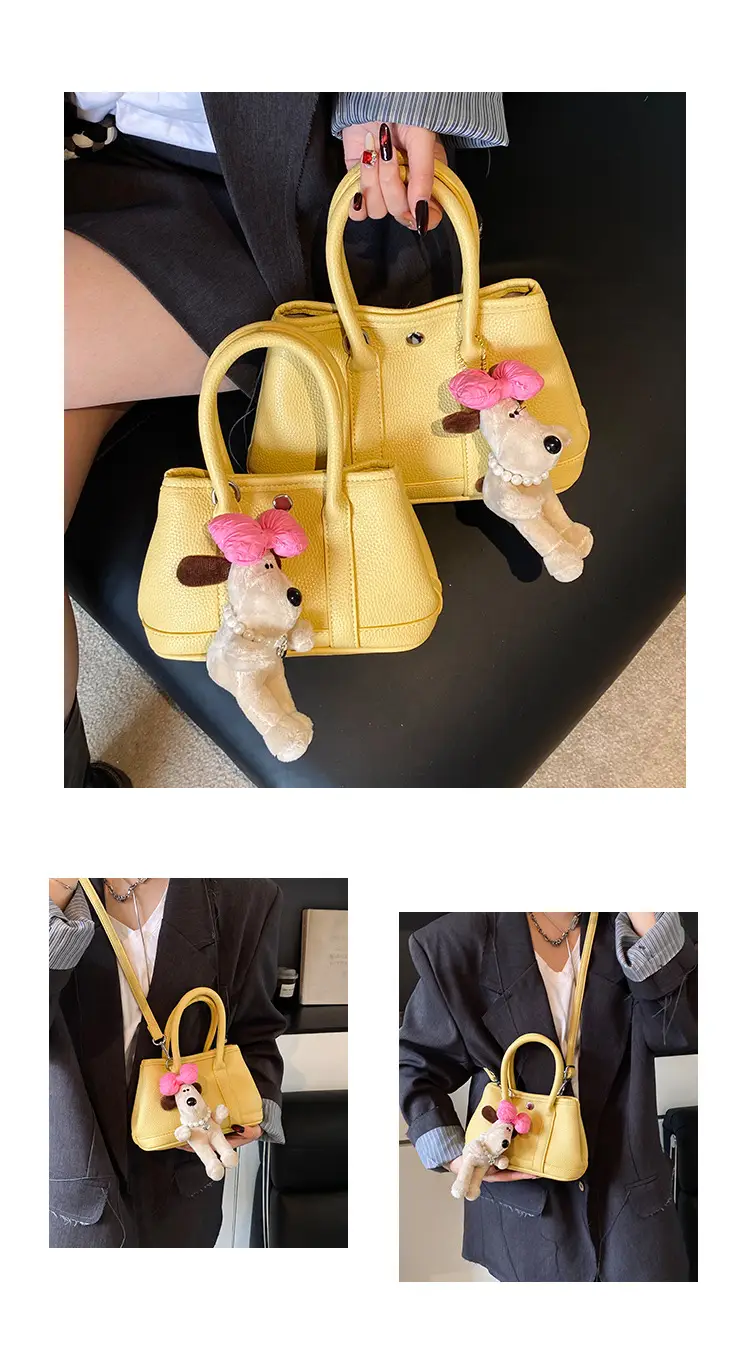 Women Cream Leather Large Tote Bag with Doll Charm — feature 11