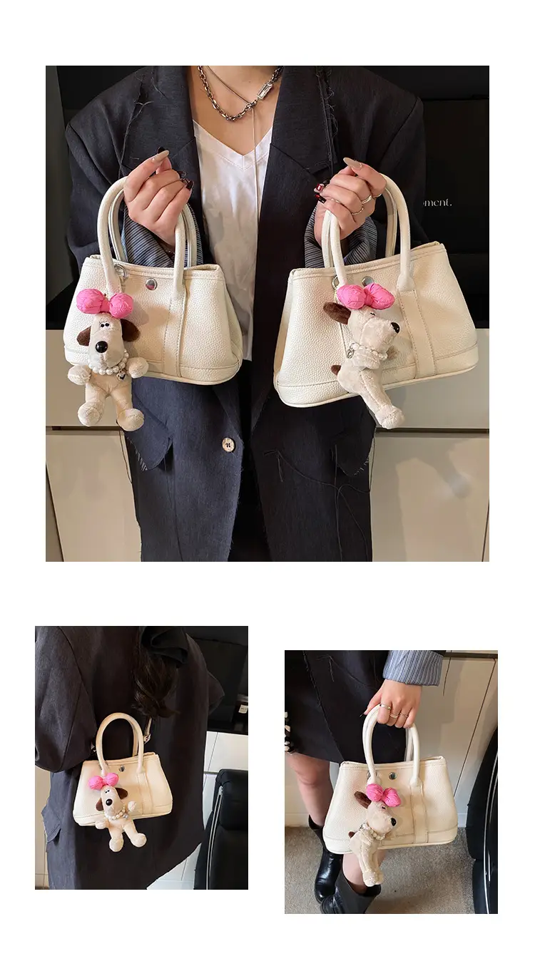 Women Cream Leather Large Tote Bag with Doll Charm — feature 12