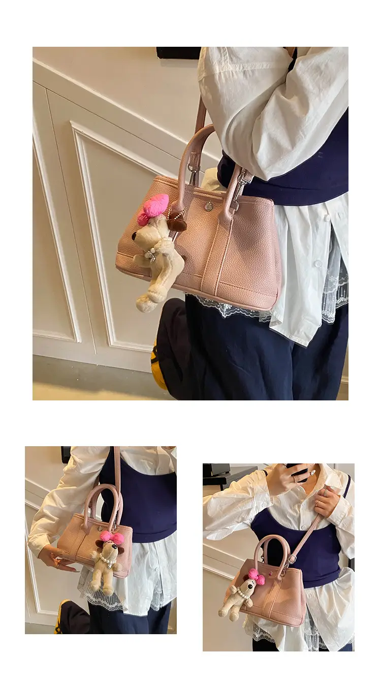 Women Cream Leather Large Tote Bag with Doll Charm — feature 13
