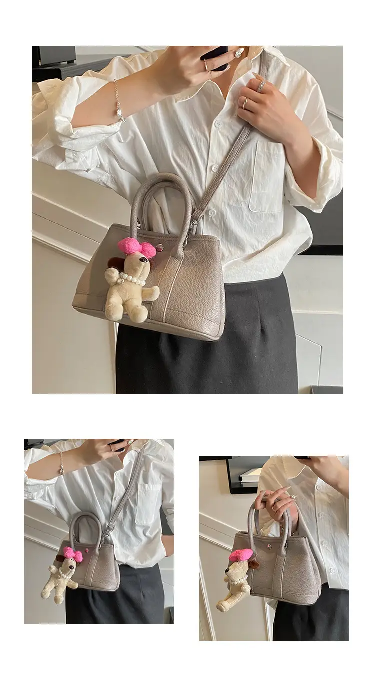 Women Cream Leather Large Tote Bag with Doll Charm — feature 14