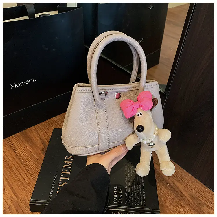 Women Cream Leather Large Tote Bag with Doll Charm — feature 15