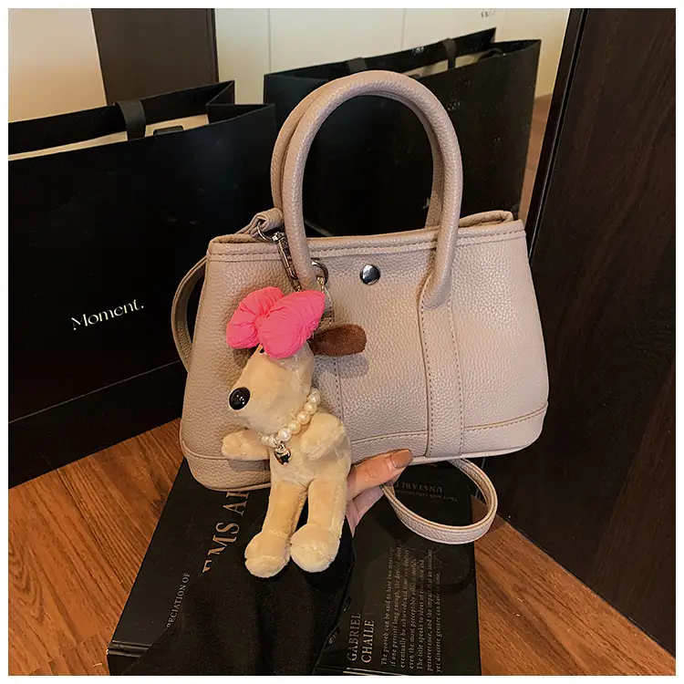 Women Cream Leather Large Tote Bag with Doll Charm — feature 16