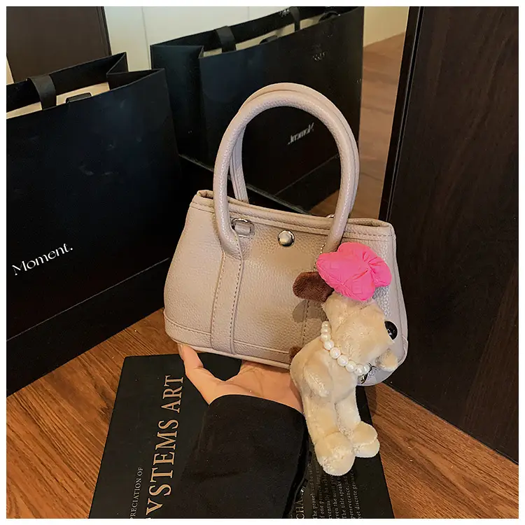 Women Cream Leather Large Tote Bag with Doll Charm — feature 17