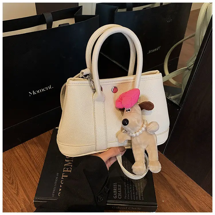 Women Cream Leather Large Tote Bag with Doll Charm — feature 18
