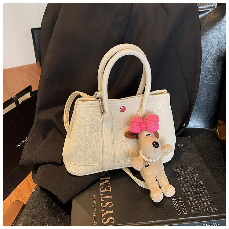 Women Cream Leather Large Tote Bag with Doll Charm — feature 19