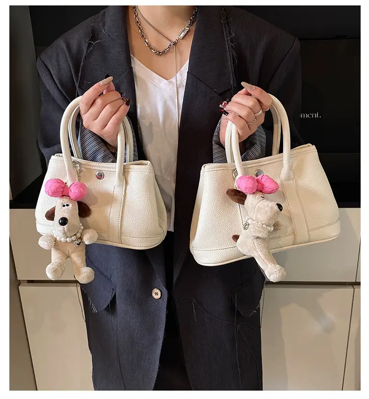 Women Cream Leather Large Tote Bag with Doll Charm — feature 2